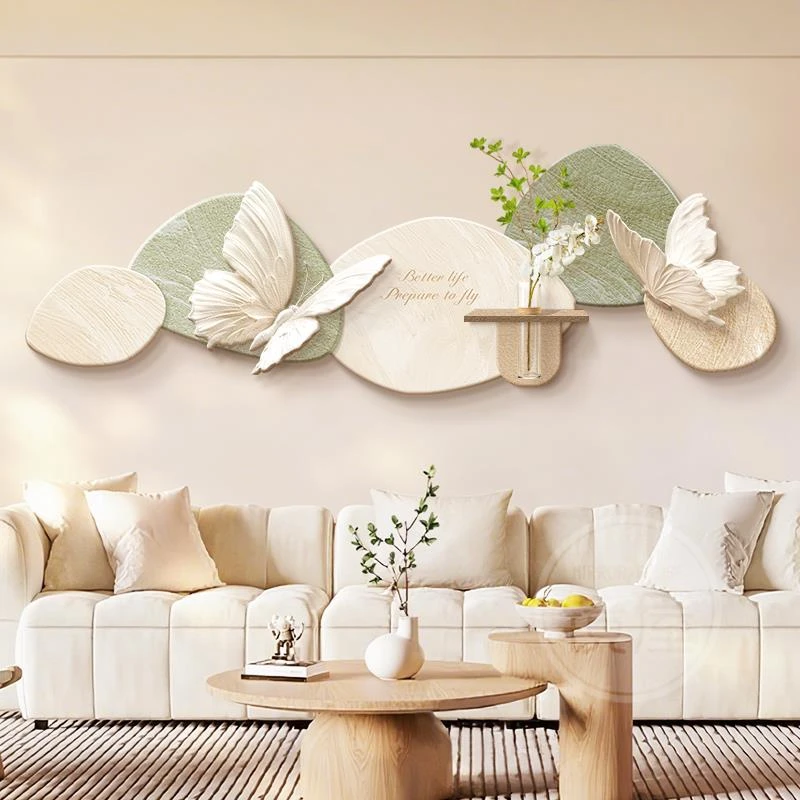 奶油风客厅装饰画蝴蝶简约水培绿植挂画沙发背景墙壁画砂岩高级感