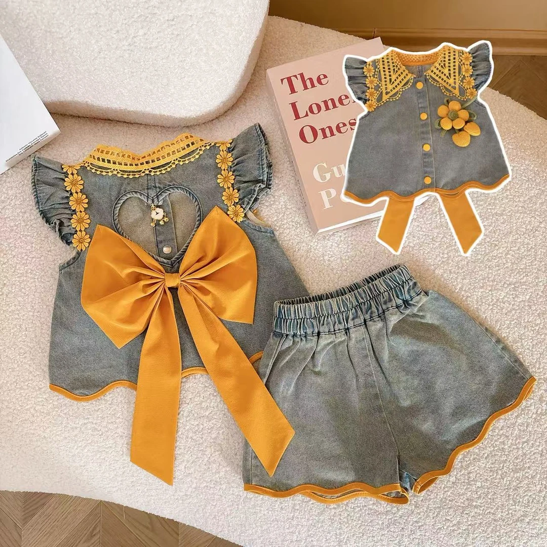 女童蝴蝶结娃娃衫短裤套装夏季2025新款甜美花边爱心镂空度假背心