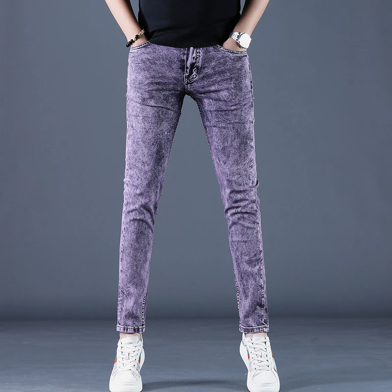 高端春季新款时尚百搭紫色牛仔裤男款修身小脚弹力紧身男士裤子潮