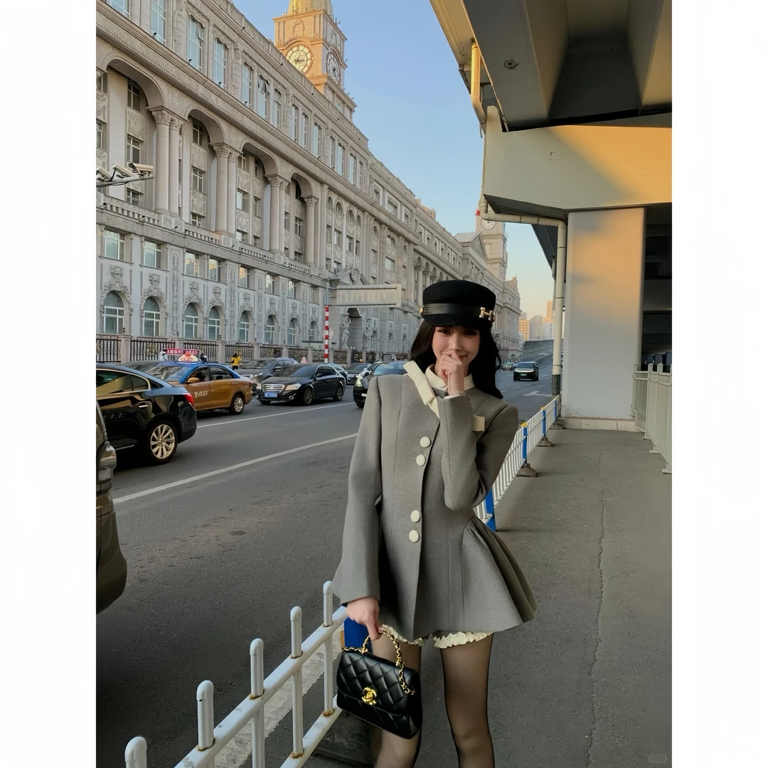 2025新款修身韩系千金风蝴蝶结呢子套装-120