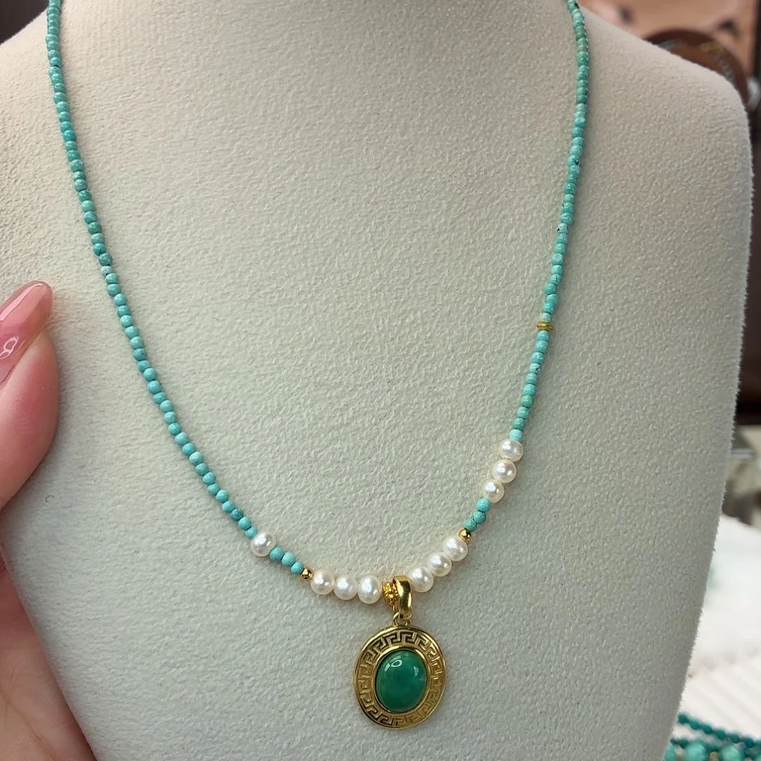 绿松石银S925镀金镶嵌颈饰