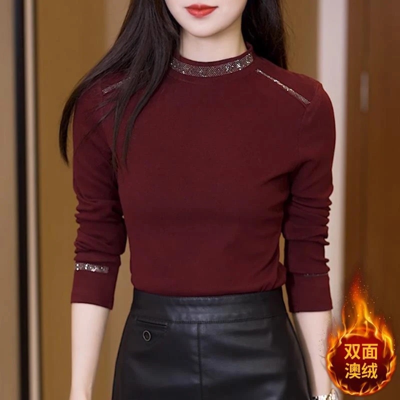 安可拉红打底衫女秋冬双面德绒半高领内搭加厚保暖洋气百搭款上衣