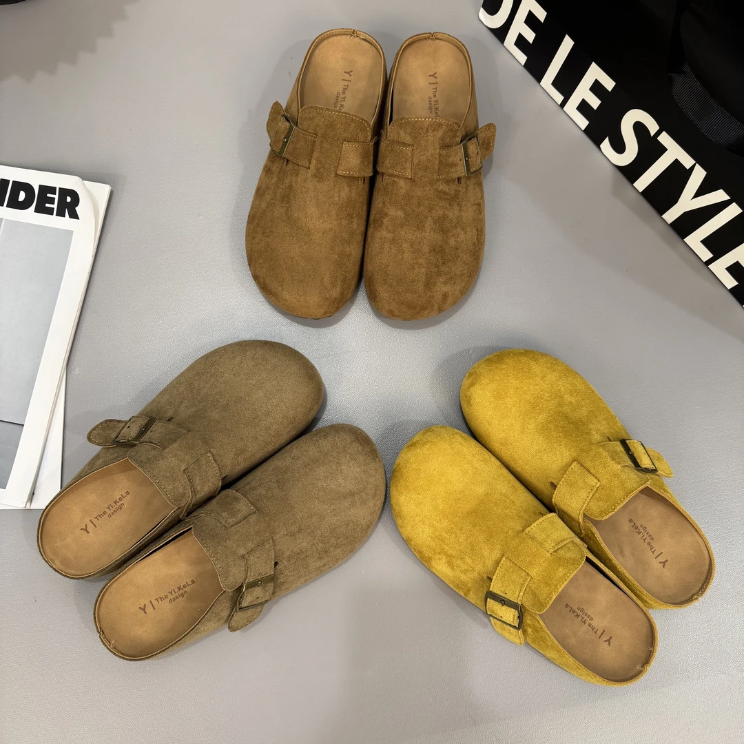 森系复古软皮内增高3cm勃肯拖鞋女丑萌包头懒人半拖一脚蹬乐福鞋