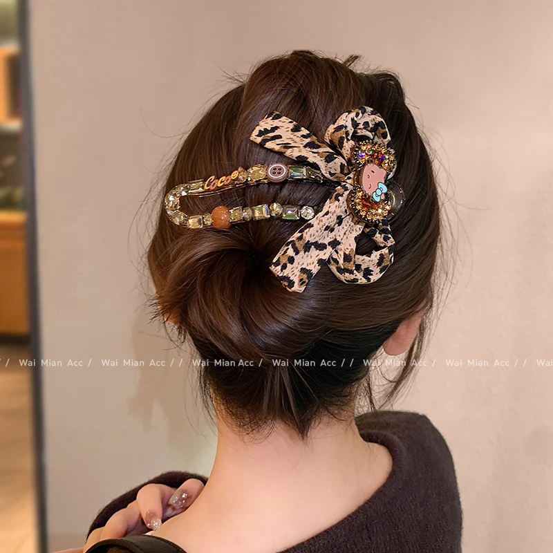 复古风豹纹蝴蝶结发夹懒人夹女高端镶钻鸭嘴夹发量少全盘发夹新款