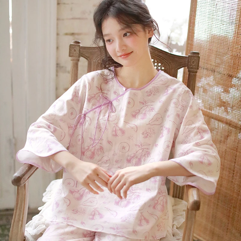 春夏纯棉女士睡衣双层棉纱新中式圆领八分袖长裤家居服MS258001