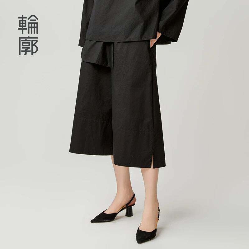 轮廓黑白极简风新中式阔腿裤典雅百搭休闲黑色宽松裤子L243K016