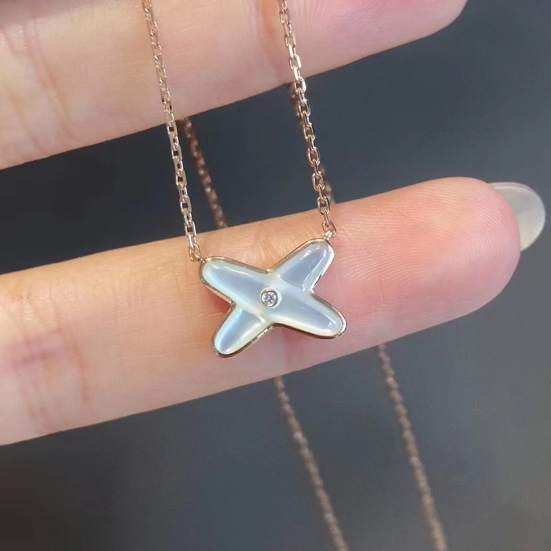 18k金白贝母交叉钻石项链