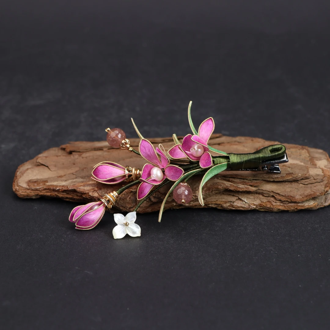 非遗绒花兰花紫色发夹古风簪百搭头饰发饰超仙桑蚕丝