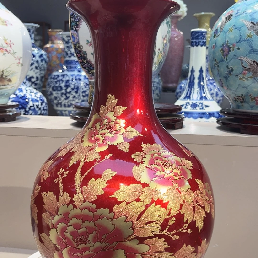 摆件陶景德镇陶瓷花瓶35公分红色