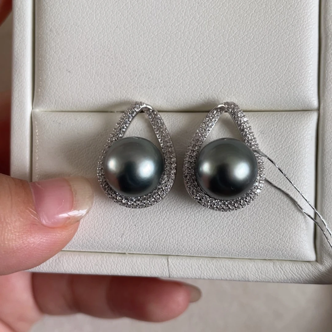 海水珍珠耳饰银S925镶嵌11-12mm
