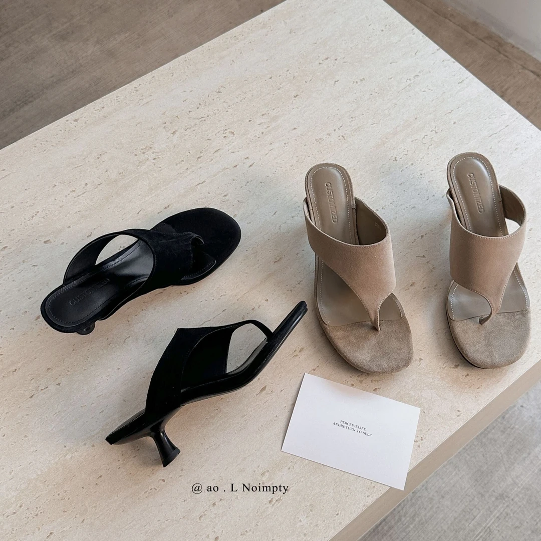 5cm羊皮纯色女拖鞋法式方头凉拖时装凉鞋网红细跟外穿凉鞋女