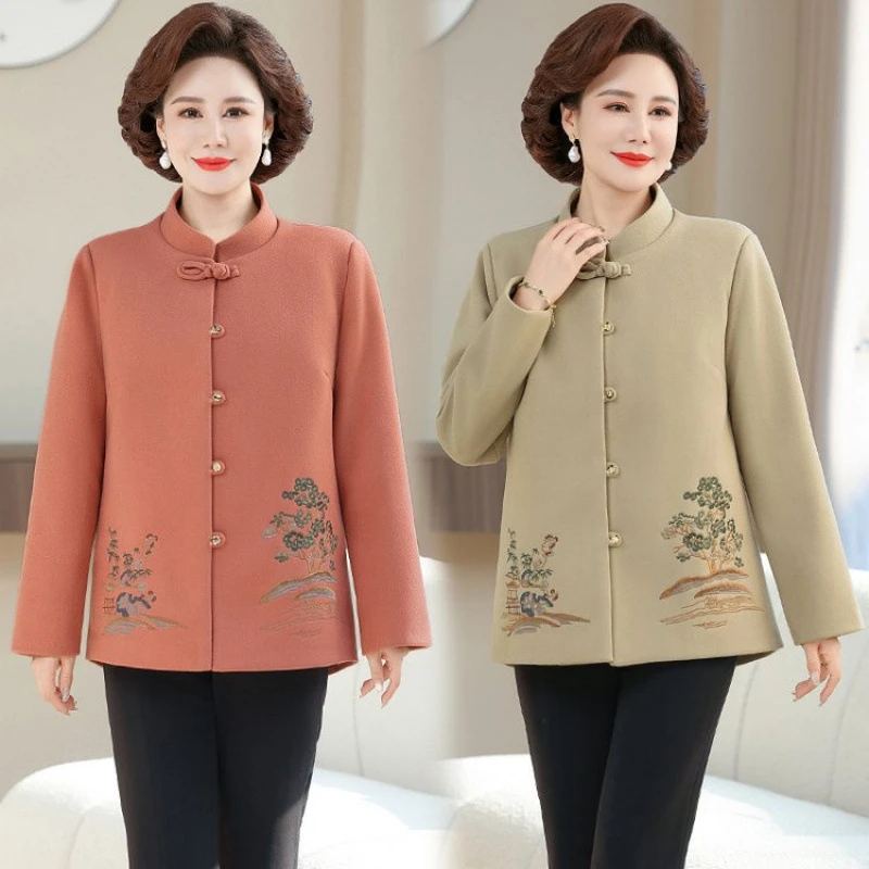 妈妈春装外套春秋新款中老年女装宽松国风毛呢大衣中年时尚上衣服