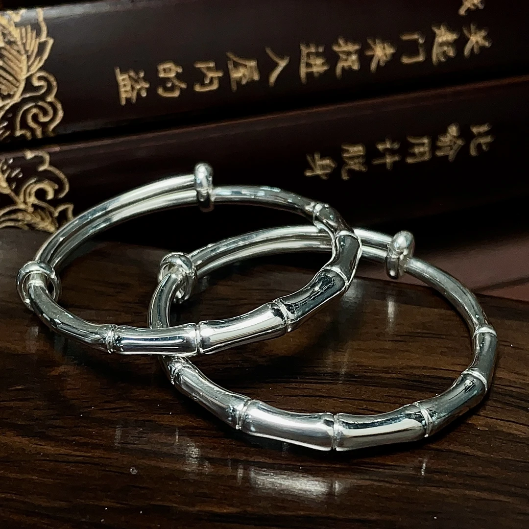 足银手镯 【竹节宝宝推拉】亮面足银9999对镯时尚送礼满月镯
