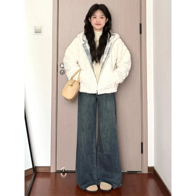 美式复古高腰阔腿牛仔裤女2025春季新款显瘦慵懒宽松阔腿直筒裤子