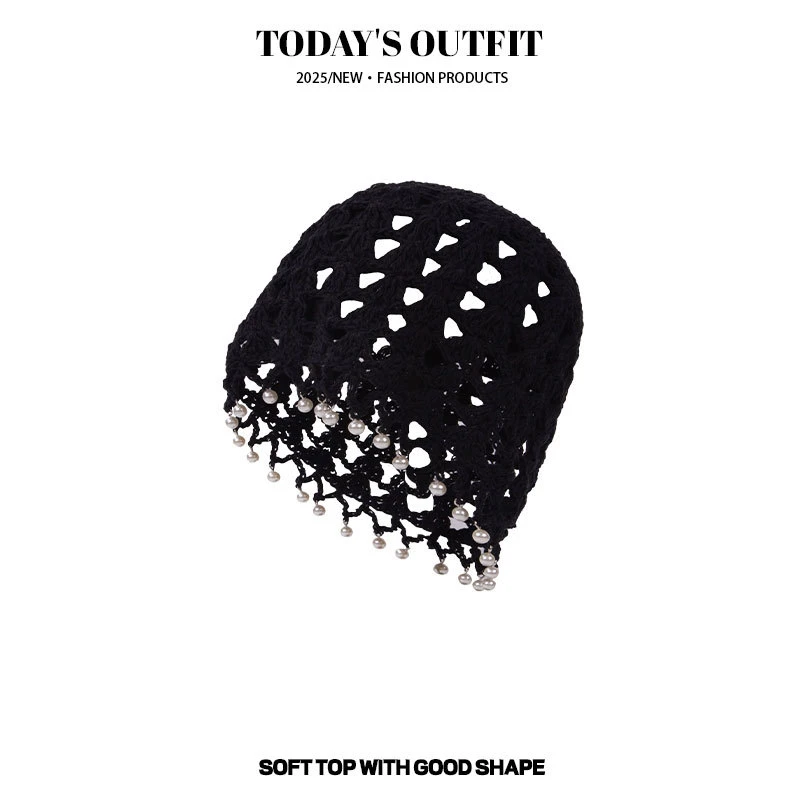 TIFICY户外民族风镂空珍珠吊坠针织帽手工钩花包头帽子夏季新款