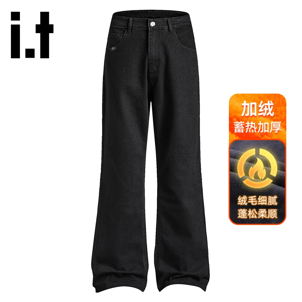 it:CHOCOOLATE黑色微喇牛仔裤男士秋冬新款加绒加厚休闲加长长裤