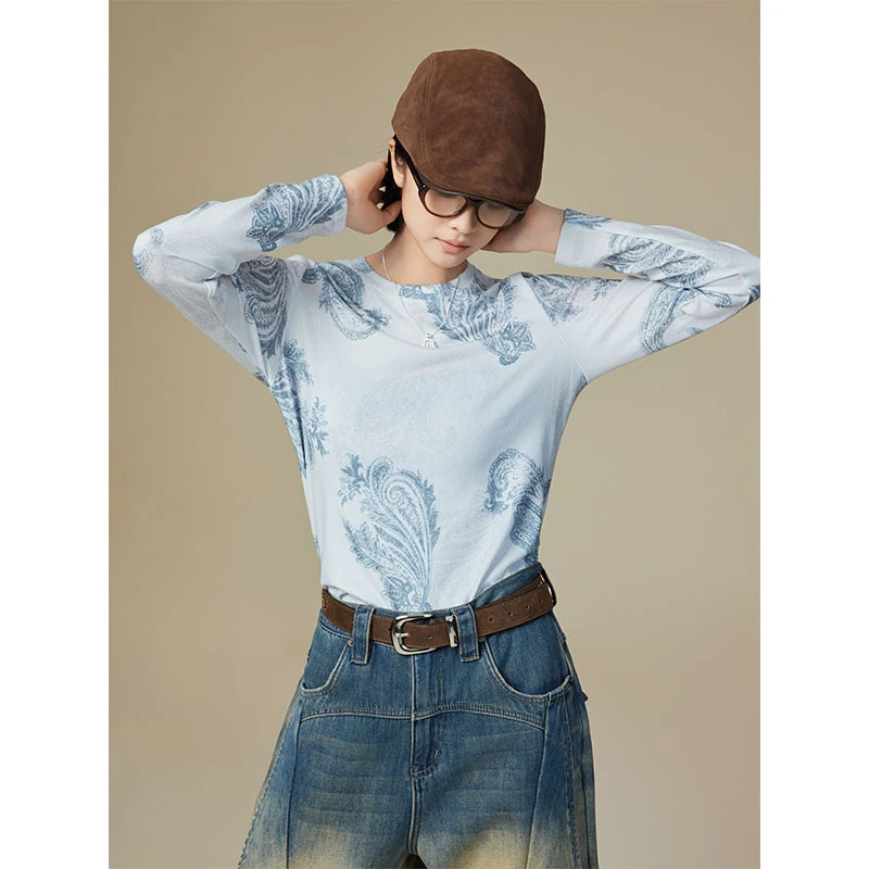 A美洋MEIYANG 民谣诗人长袖T 磨毛保暖波浪肌理简约圆领印花上衣E