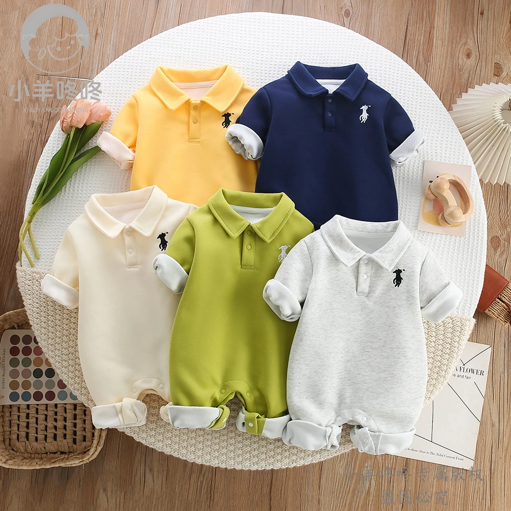 春秋季新款叮咚扣小保罗简约风时尚运动宝宝长袖单层连体哈衣爬服