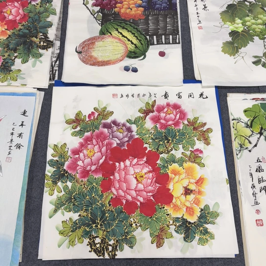 国画68×68千层金线牡丹手绘画画画