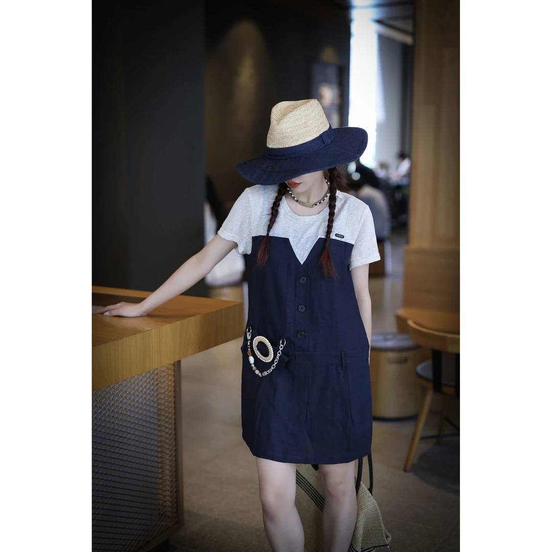 KIKI严选：034-1-XXQ家欧货南油夏季小众拼接中裤轻奢连衣裙