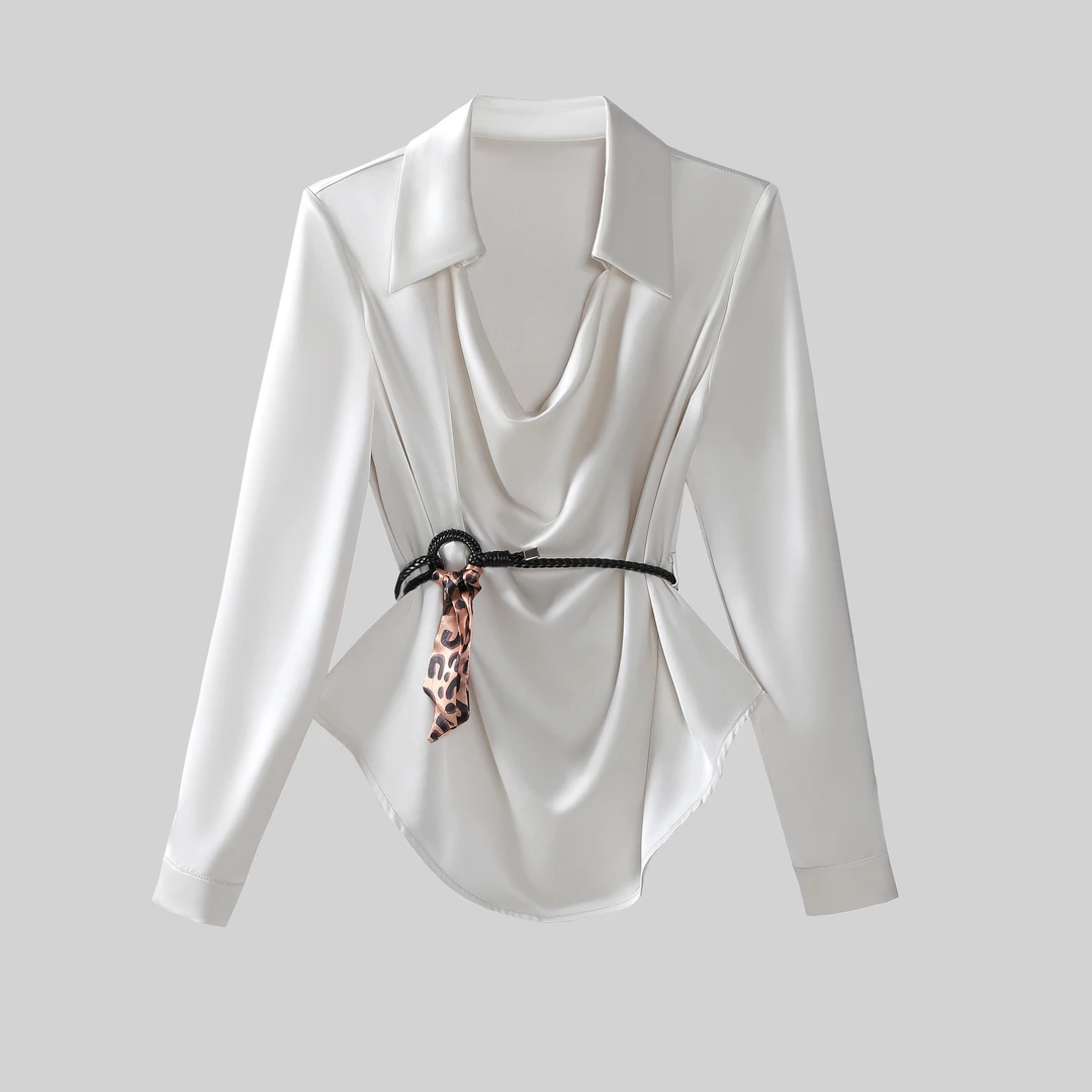 〈纪朵研〉1360短款不褪色单排多扣纯色荡领气质常规衬衣上衣衬衫