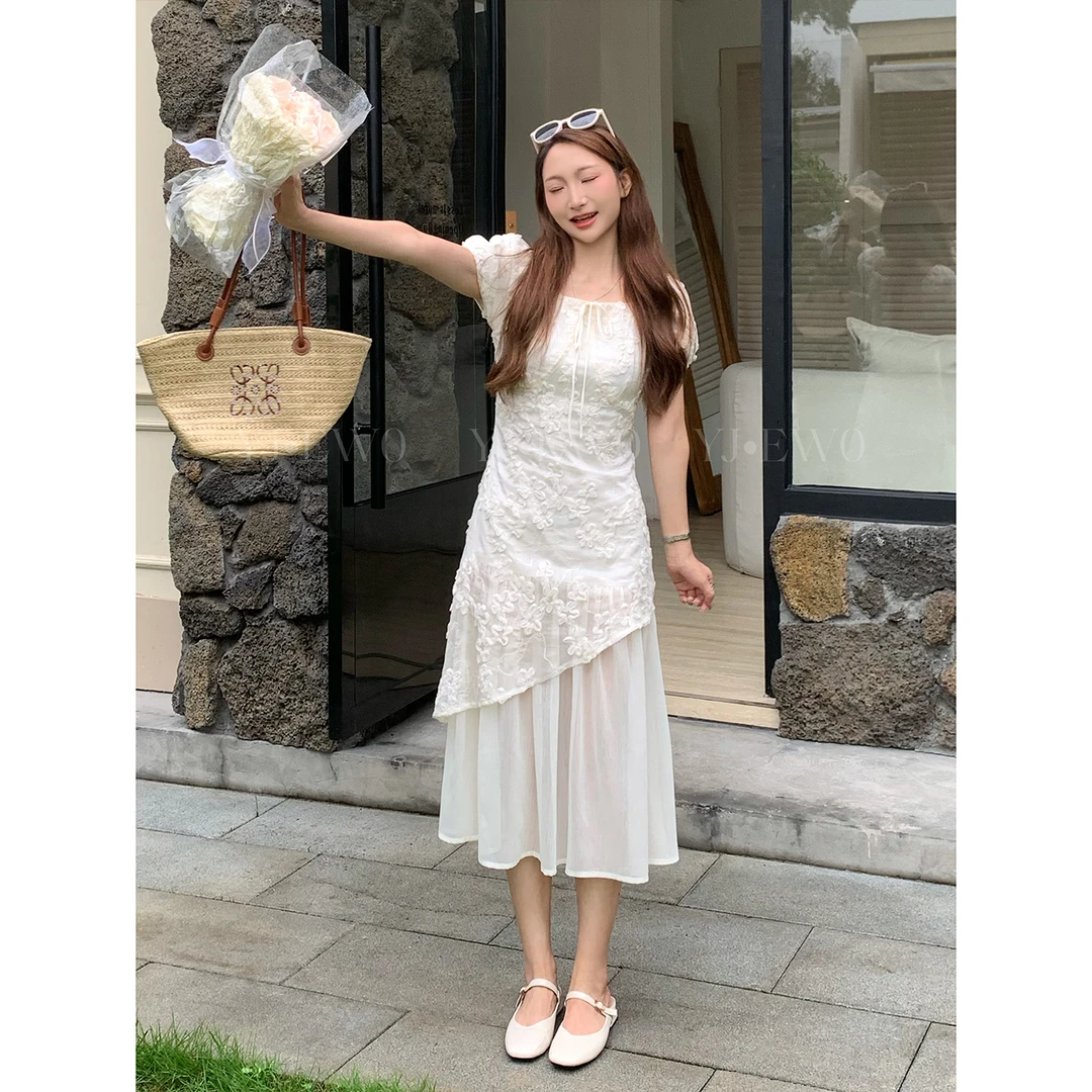 现货【周周小个子】夏季蕾丝显瘦气质高腰复古法式温柔连衣裙-8397