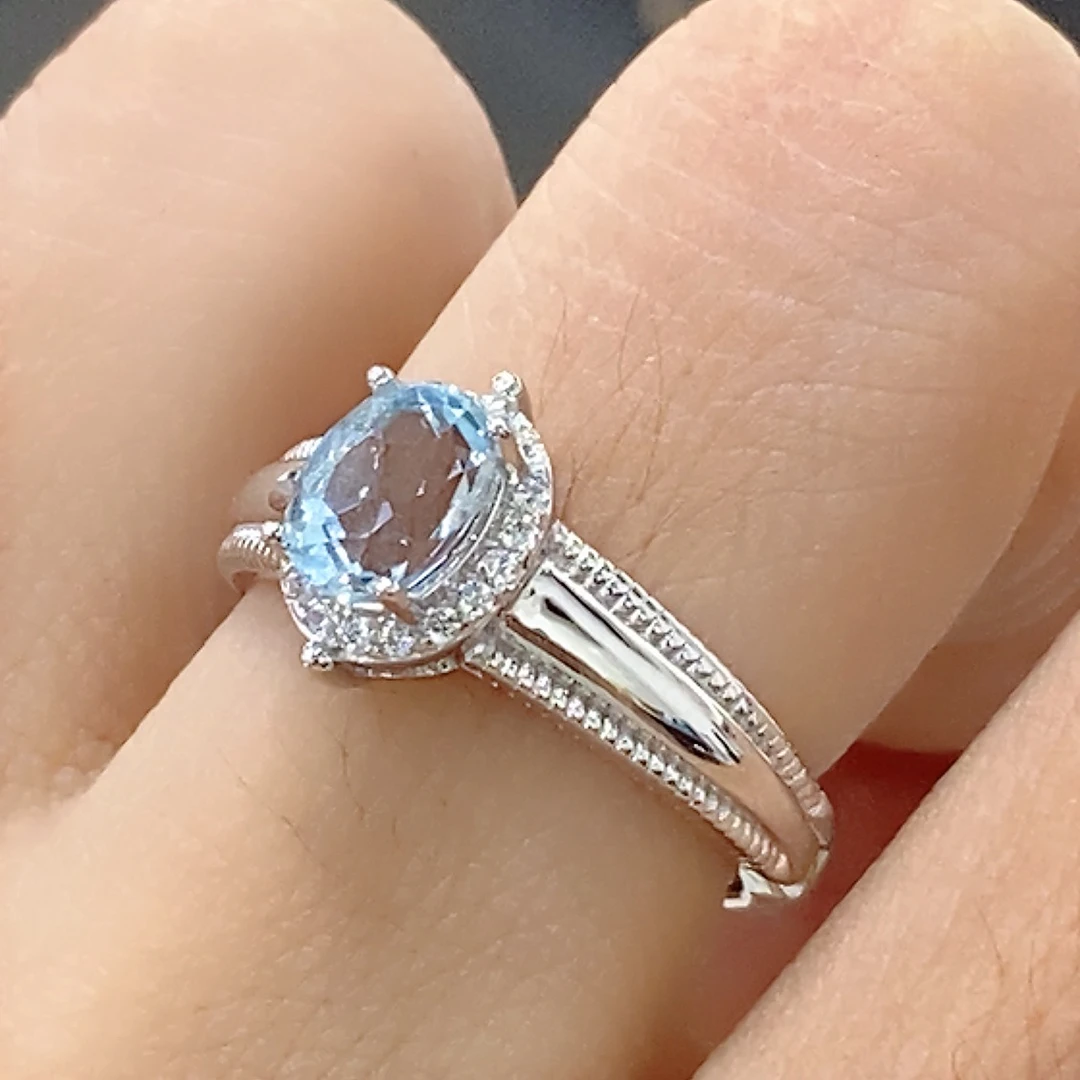 新款韩版时尚四爪镶嵌海蓝宝戒指