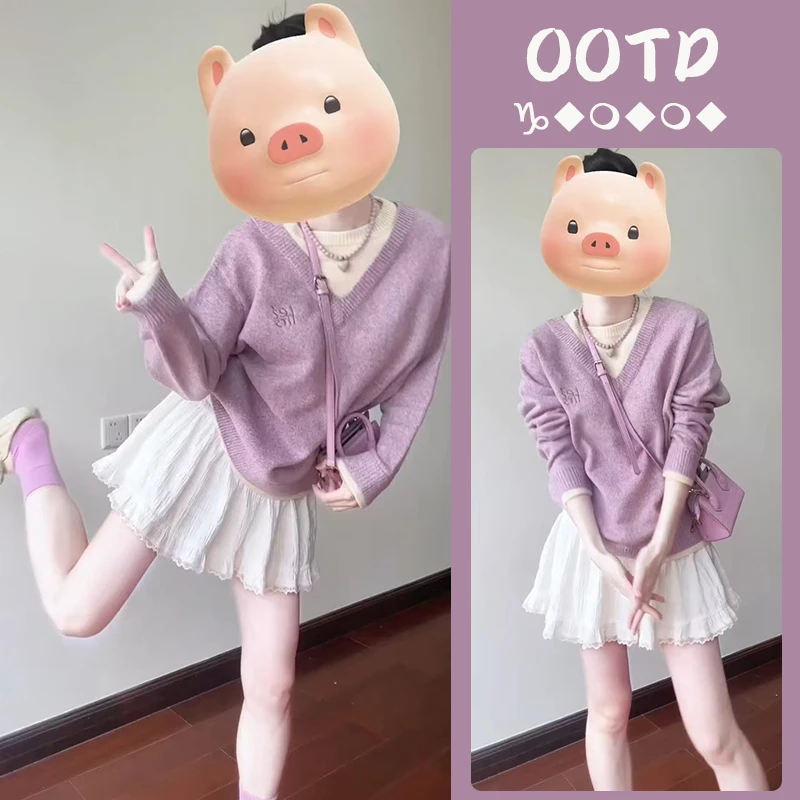 春季温柔系穿搭女2025新款韩版假两件针织毛衣百搭短裙子女套装潮