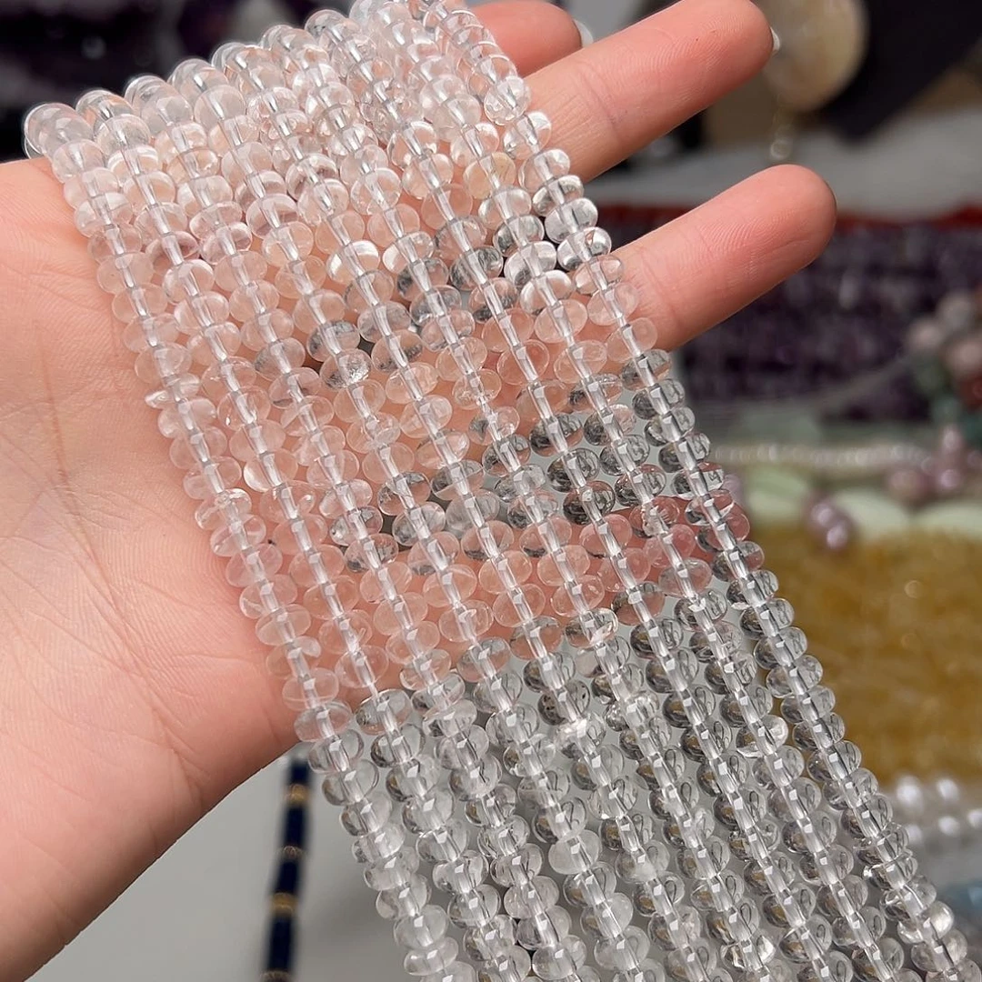 玛瑙/玉髓合金珠宝半成品Y445。6.5mm天然白水晶算盘珠隔片一条