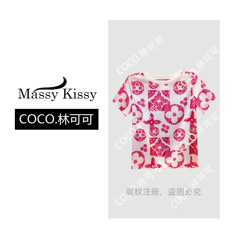 【COCO林可可】‘’粉色时尚‘’桑蚕丝上衣 潮牌轻奢风显瘦印花短袖T恤