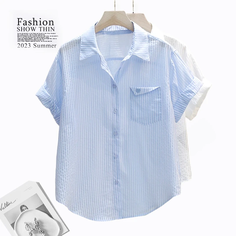 夏季新款条纹POLO领短袖衬衫女洋气宽松显瘦微胖女装时尚百搭上衣