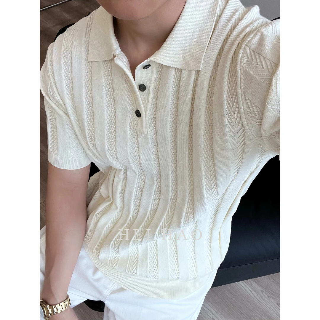 Hei Hao】麦穗肌理冰丝夏季男士翻领短袖POLO衫百搭休闲针织半袖