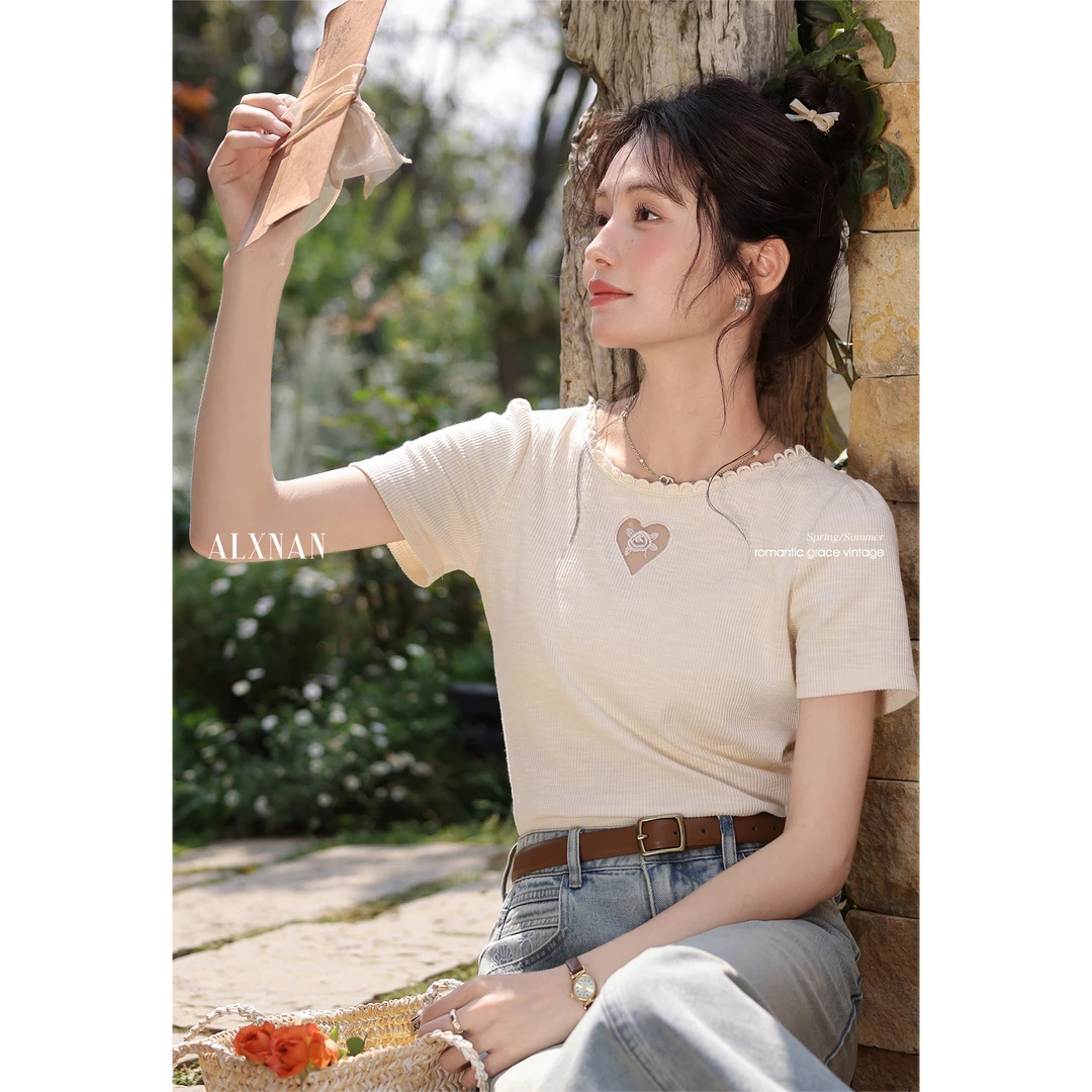 【品牌撤柜款ZB】领杏色T恤女短袖夏季显瘦设计上衣L55308