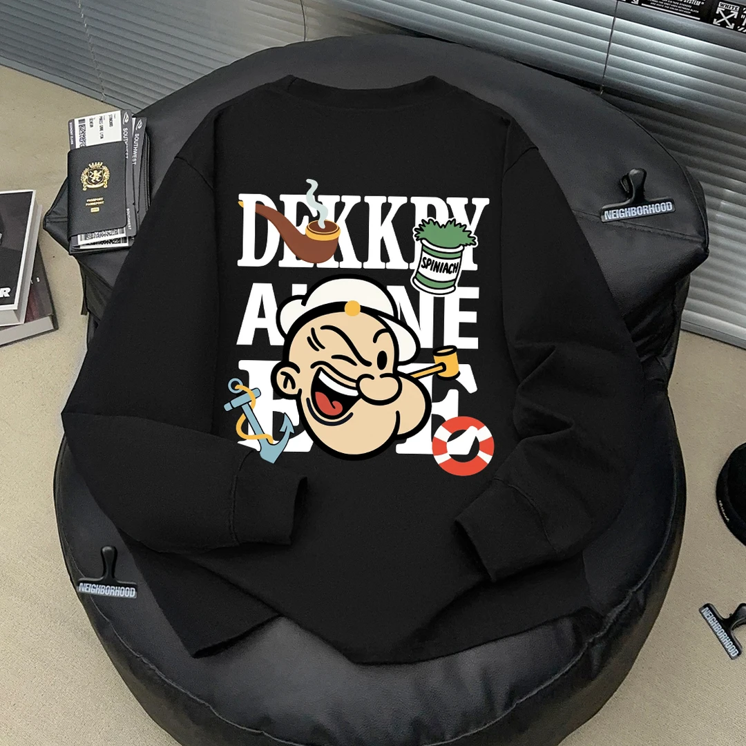 美式高级潮流卡通人菠菜印花T恤ins男女黑色长袖秋季100%纯棉上衣