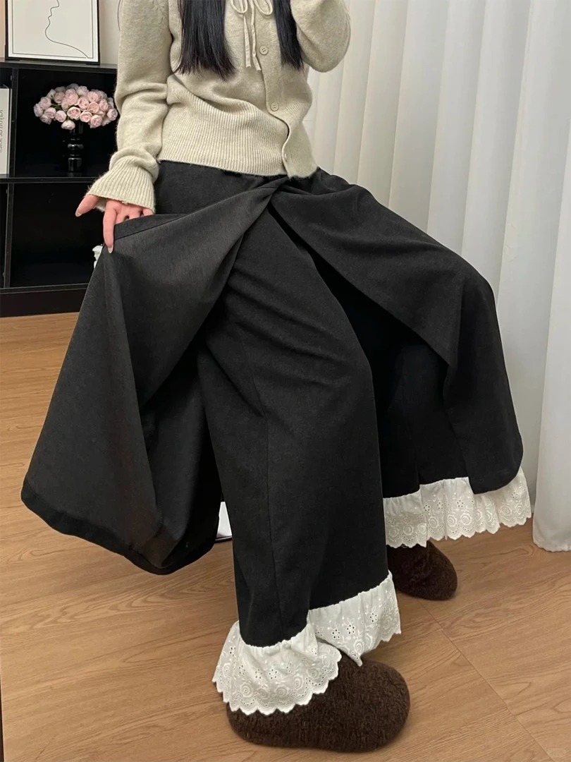 深灰色花边裙裤女秋季大码胖mm高腰显瘦梨型身材a 字糯米休闲裤裙