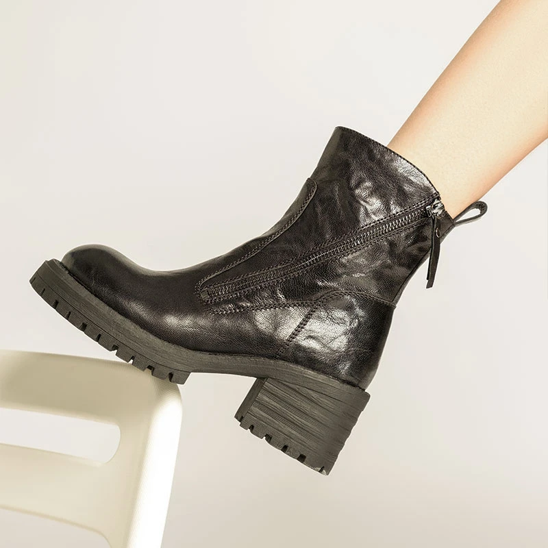 羊皮新款马丁靴厚底英伦风真皮短靴时尚百搭圆头中筒粗跟瘦瘦靴