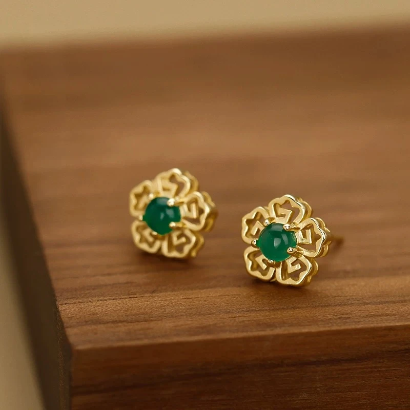 铜合金耳饰 复古国潮花朵耳钉女桃花耳环轻奢高级感耳饰品K1387