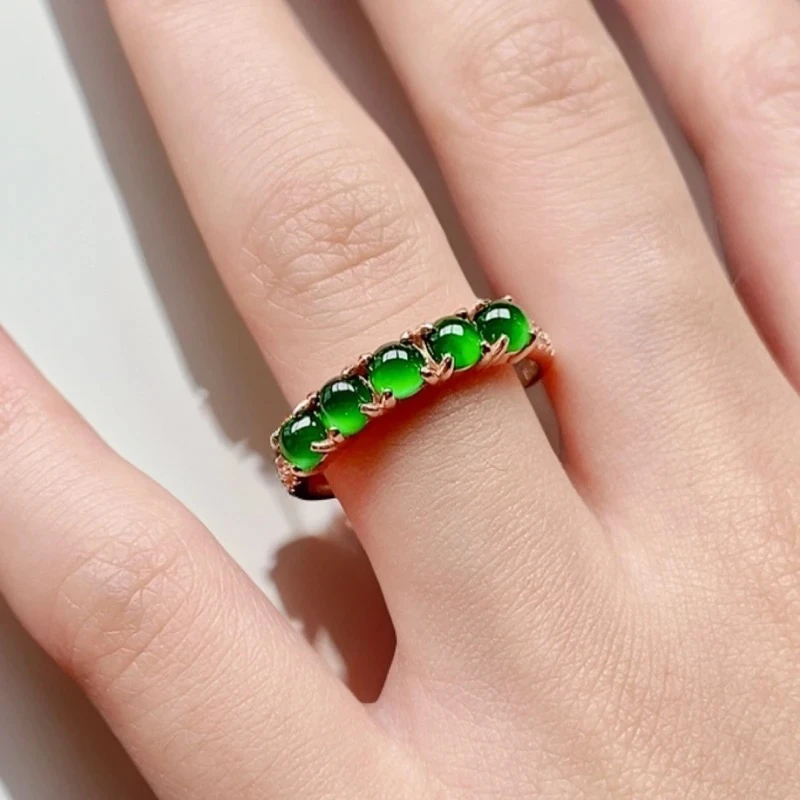 A货翡翠排戒银镶嵌时尚精致满色蛋面可调节