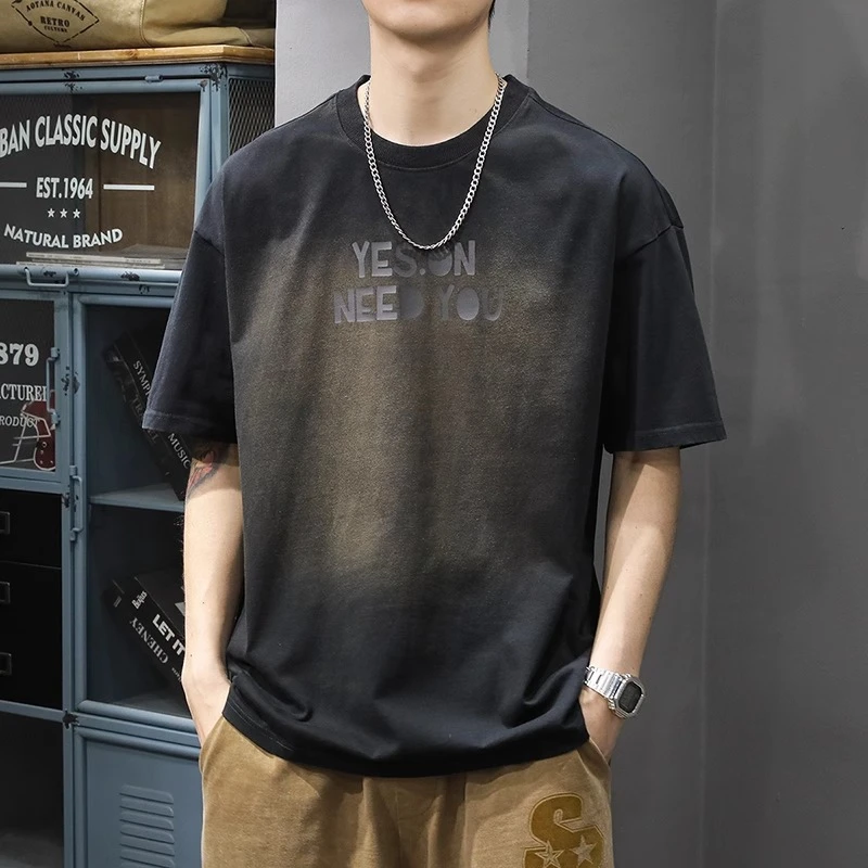 2025新款美式复古水洗短袖t恤男宽松圆领半袖夏季纯棉休闲体恤潮T