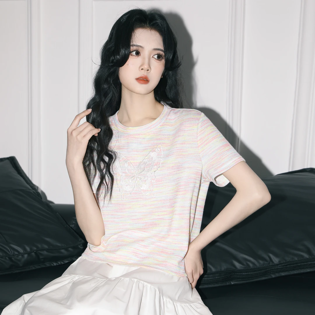 彩色条纹圆领短袖T恤女夏2025春新款多巴胺蝴蝶结正肩体恤短上衣