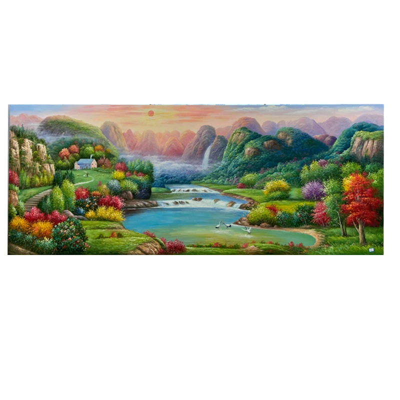 带框青山绿水仙鹤延年画芯尺寸200*80CM实木外框