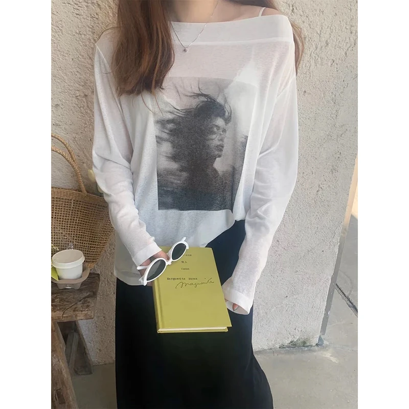 法式复古印花长袖防晒罩衫T恤女夏季薄款慵懒风宽松显瘦斜肩上衣