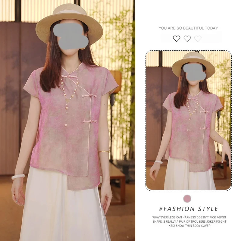 新中式国风端庄独特文艺短袖衬衣女2025夏季新款大码立领盘扣上衣