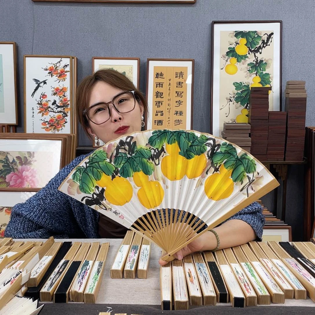 国画95寸玉竹-纯手绘-文玩扇骨（默认粘好）葫芦