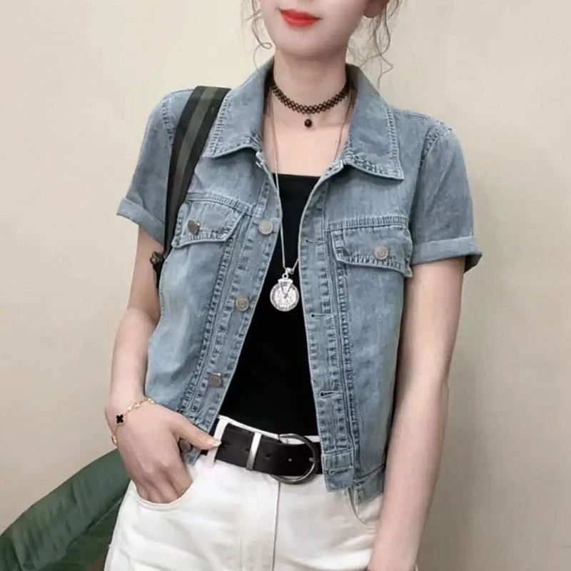 翻领夏季女短袖短款薄款短外套无袖网红牛仔时尚韩版