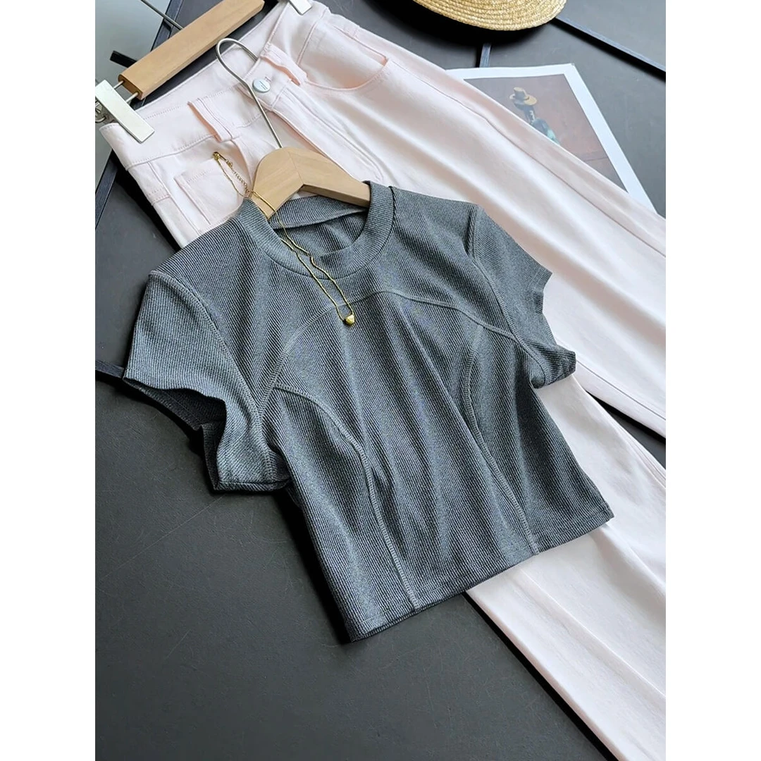 美式复古设计感压线分割拼接高腰短款短袖上衣女夏季时尚修身T恤