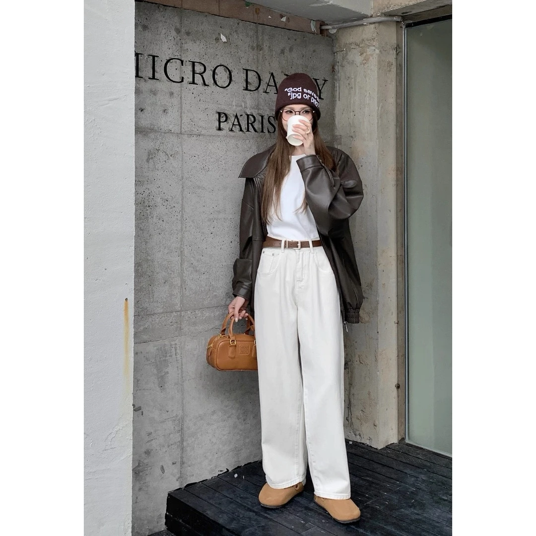 0114 牛仔裤女秋冬加绒加厚高腰宽松垂感窄版阔腿裤J5 J1