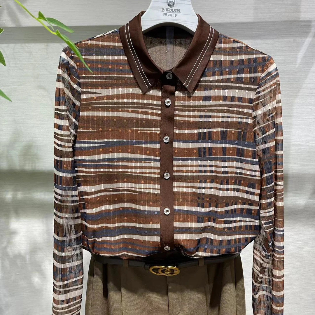 C6261渐变丁达尔风长袖翻领衬衣气质时尚印花百搭轻奢休闲洋气