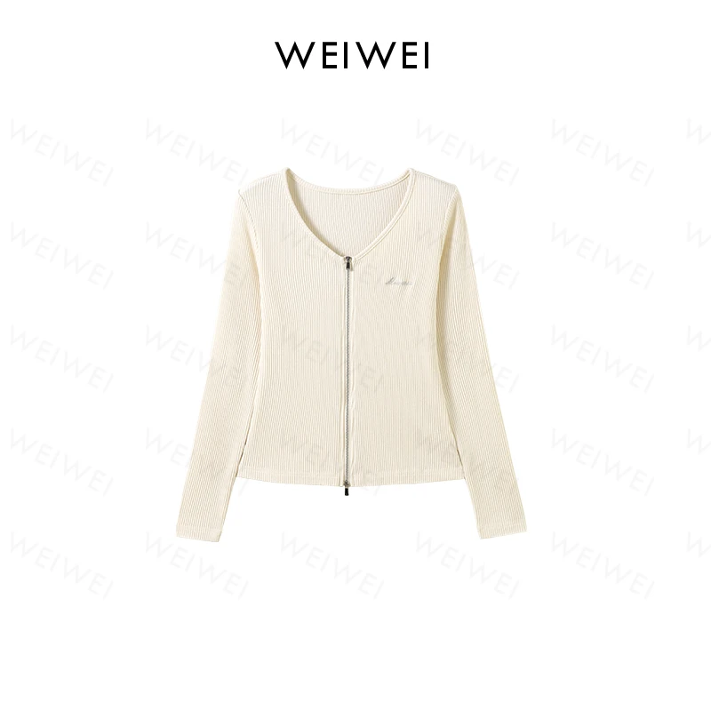 【特价】刺绣V领长袖修身T恤打底衫拉链衫SS26335