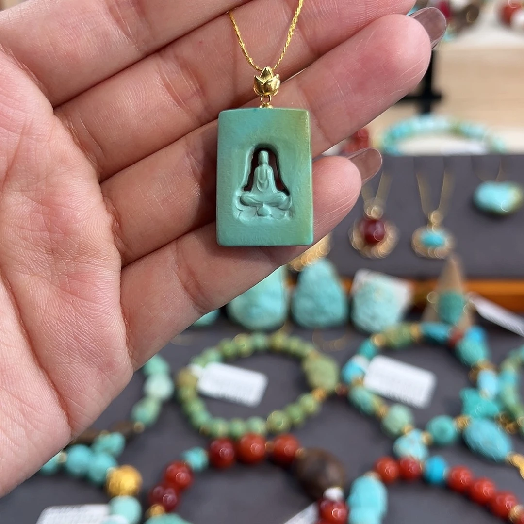 绿松石18K金镶嵌吊坠(不含链)无相佛无事牌吊坠